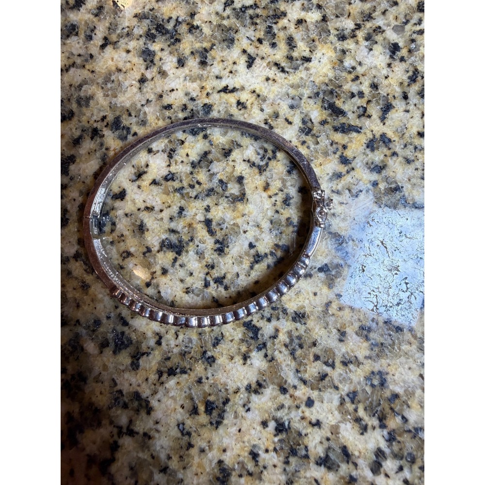 Silver Tone Pavé Ribbed Hinged Bangle Bracelet with Safety Clasp - Picture 7 of 8